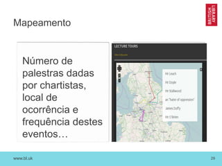 www.bl.uk 29
Mapeamento
Número de
palestras dadas
por chartistas,
local de
ocorrência e
frequência destes
eventos…
 