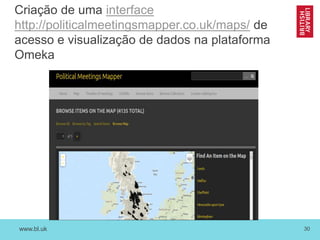 www.bl.uk 30
Criação de uma interface
http://politicalmeetingsmapper.co.uk/maps/ de
acesso e visualização de dados na plataforma
Omeka
 