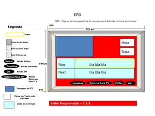 EPG
Cursor
Legenda
Over scan area
Safe title area
Safe action area
Exibir Programação – 2.1.3
Voltar Botão Voltar
Retorna Para TV
OK Botão OK
Imagem da TV
Detalhes Botão Detalhes
Botão
Retornar
Para TV
Caixa de Texto não
editável
Lista de serviços
6%
6%
OBS.: O grau de transparência da camada será definida na hora dos testes.
540 px
720 px
OKRetorna Para TVDetalhes
Data
Hora
Now bla bla bla
Next bla bla bla
Voltar
 