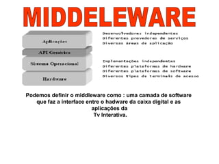 Podemos definir o middleware como : uma camada de software
que faz a interface entre o hadware da caixa digital e as
aplicações da
Tv Interativa.
 