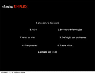 técnica SIMPLEX
1. Encontrar o Problema
2. Encontrar Informações
3. Deﬁnição dos problemas
4. Buscar Idéias
5. Seleção das idéias
6. Planejamento
7.Venda da idéia
8.Ação
sexta-feira, 23 de setembro de 11
 
