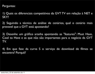 Perguntas:
1) Quais os diferenciais competitivos da GVT TV em relação à NET e
SKY?
2) Seguindo a técnica de análise de cenários, qual o cenário mais
provavel que a GVT está apostando?
3) Desenhe um gráﬁco aranha apontando as "features": Must Have,
Cool to Have e as que não são importantes para o negócio da GVT
TV.
4) Em que fase da curva S o serviço de download de ﬁlmes se
encontra? Porquê?
sexta-feira, 23 de setembro de 11
 
