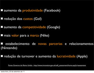 aumento da produtividade (Facebook)
redução dos custos (Gol)
aumento da competitividade (Google)
mais valor para a marca (Nike)
estabelecimento de novas parcerias e relacionamentos
(Nintendo)
redução de turnover e aumento da lucratividade (Apple)
Fonte: Governo do Reino Unido - http://www.innovation.gov.uk/self_assessment/home.asp?p=assessment
sexta-feira, 23 de setembro de 11
 