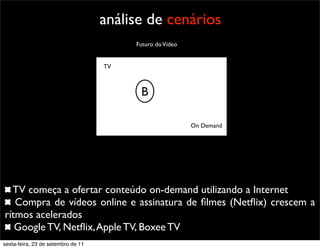 análise de cenários
TV
On Demand
B
Futuro doVídeo
TV começa a ofertar conteúdo on-demand utilizando a Internet
Compra de vídeos online e assinatura de ﬁlmes (Netﬂix) crescem a
rítmos acelerados
Google TV, Netﬂix,Apple TV, Boxee TV
sexta-feira, 23 de setembro de 11
 