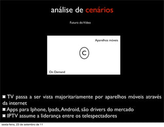 análise de cenários
Aparelhos móveis
C
Futuro doVídeo
TV passa a ser vista majoritariamente por aparelhos móveis através
da internet
Apps para Iphone, Ipads,Android, são drivers do mercado
IPTV assume a liderança entre os telespectadores
On Demand
sexta-feira, 23 de setembro de 11
 