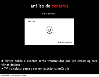 análise de cenários
Aparelhos móveis
Real Time
D
Texto
Futuro doVídeo
Filmes online e eventos serão transmitidos por live streaming para
vários devices
TV no celular passa a ser um padrão na indústria
sexta-feira, 23 de setembro de 11
 