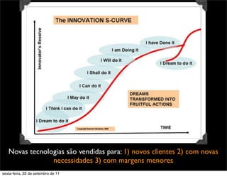Novas tecnologias são vendidas para: 1) novos clientes 2) com novas
necessidades 3) com margens menores
sexta-feira, 23 de setembro de 11
 
