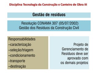 Gestão de resíduos
Projeto de
Gerenciamento de
Resíduos deve ser
aprovado com
os demais projetos
Responsabilidades
–caracterização
–seleção/triagem
–condicionamento
–transporte
–destinação
Resolução CONAMA 307 (05/07/2002)
Gestão dos Resíduos da Construção Civil
Disciplina Tecnologia da Construção e Canteiro de Obra III
 