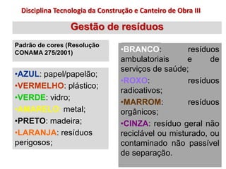Gestão de resíduos
Padrão de cores (Resolução
CONAMA 275/2001) •BRANCO: resíduos
ambulatoriais e de
serviços de saúde;
•ROXO: resíduos
radioativos;
•MARROM: resíduos
orgânicos;
•CINZA: resíduo geral não
reciclável ou misturado, ou
contaminado não passível
de separação.
•AZUL: papel/papelão;
•VERMELHO: plástico;
•VERDE: vidro;
•AMARELO: metal;
•PRETO: madeira;
•LARANJA: resíduos
perigosos;
Disciplina Tecnologia da Construção e Canteiro de Obra III
 