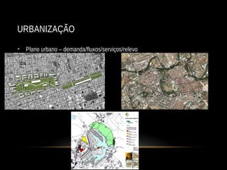 URBANIZAÇÃO
• Plano urbano – demanda/fluxos/serviços/relevo
 