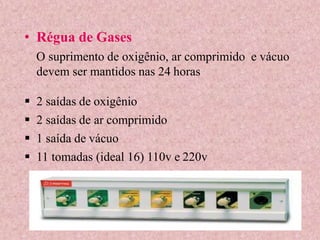 • Régua de Gases
O suprimento de oxigênio, ar comprimido e vácuo
devem ser mantidos nas 24 horas
 2 saídas de oxigênio
 2 saídas de ar comprimido
 1 saída de vácuo
 11 tomadas (ideal 16) 110v e 220v
 