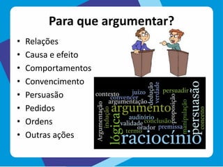Para que argumentar?
• Relações
• Causa e efeito
• Comportamentos
• Convencimento
• Persuasão
• Pedidos
• Ordens
• Outras ações
 