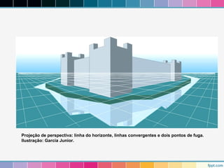 Projeção de perspectiva: linha do horizonte, linhas convergentes e dois pontos de fuga. 
Ilustração: Garcia Junior. 
 