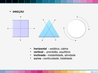  DIREÇÃO 
• horizontal - estática, calma 
• vertical - prontidão, equilíbrio 
• inclinada - instabilidade, atividade 
• curva - continuidade, totalidade 
 