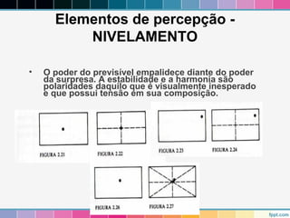 Elementos de percepção - 
NIVELAMENTO 
• O poder do previsível empalidece diante do poder 
da surpresa. A estabilidade e a harmonia são 
polaridades daquilo que é visualmente inesperado 
e que possui tensão em sua composição. 
 