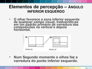 Elementos de percepção – ÂNGULO 
INFERIOR ESQUERDO 
• O olhar favorece a zona inferior esquerda 
de qualquer campo visual, traduzindo-se 
em um padrão primário de varredura das 
composicões na vertical e depois 
horizontal. 
• Num Segundo momento o olhos faz a 
varredura do ponto inferior esquerdo. 
 