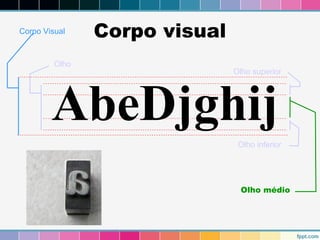 Corpo visual 
Olho 
Olho superior AbeDjghij 
Olho inferior 
Olho médio 
Corpo Visual 
 