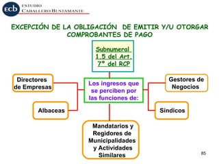 EXCEPCIÓN DE LA OBLIGACIÓN DE EMITIR Y/U OTORGAR
COMPROBANTES DE PAGO
Subnumeral
1.5 del Art.
7º del RCP
Directores
de Empresas

Los ingresos que
se perciben por
las funciones de:

Albaceas

Gestores de
Negocios

Síndicos
Mandatarios y
Regidores de
Municipalidades
y Actividades
Similares

85

 