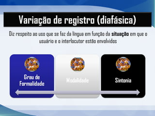 Variação de registro (diafásica)
Diz respeito ao uso que se faz da língua em função da situação em que o
usuário e o interlocutor estão envolvidos
 