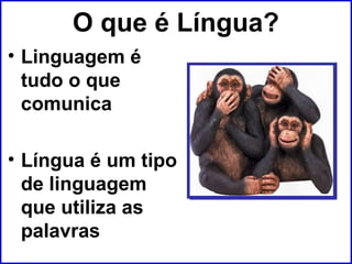 O que é Língua?
• Linguagem é
tudo o que
comunica
• Língua é um tipo
de linguagem
que utiliza as
palavras
 