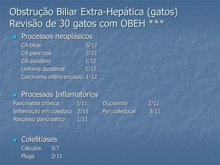  Processos neoplásicos
- CA biliar 6/12
- CA pancreas 3/12
- CA duodeno 1/12
- Linfoma duodenal 1/12
- Carcinoma indiferenciado 1/12
 Processos Inflamatórios
Pancreatite crônica 3/11 Duodenite 2/11
Inflamação em coledoco 2/11 Peri coledocal 3/11
Abscesso pancreatico 1/11
 Colelitíases
- Cálculos 5/7
- Plugs 2/11
Obstrução Biliar Extra-Hepática (gatos)
Revisão de 30 gatos com OBEH ***
 
