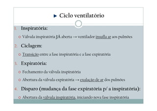 1. Inspiratória:
Válvula inspiratória JÁ aberta → ventilador insufla ar aos pulmões
2. Ciclagem:
Transição entre a fase inspiratória e a fase expiratória
3. Expiratória:
Fechamento da válvula inspiratória
Abertura da válvula expiratória → exalação de ar dos pulmões
4. Disparo (mudança da fase expiratória p/ a inspiratória):
Abertura da válvula inspiratória, iniciando nova fase inspiratória
Ciclo ventilatório
 