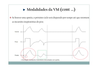 Se houver uma apnéia, o próximo ciclo será disparado por tempo até que retornem
as incursões inspiratórias do pcte
Modalidades da VM (cont ...)
 