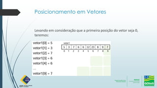 Posicionamento em Vetores
Levando em consideração que a primeira posição do vetor seja 0,
teremos:
 