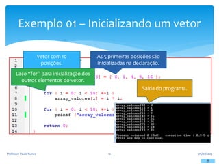 Exemplo 01 – Inicializando um vetor
05/07/2023
Professor Paulo Nunes 12
Vetor com 10
posições.
As 5 primeiras posições são
inicializadas na declaração.
Laço “for” para inicialização dos
outros elementos do vetor.
Saída do programa.
 
