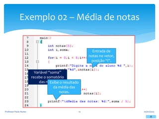 Exemplo 02 – Média de notas
05/07/2023
Professor Paulo Nunes 13
Entrada de
notas no vetor,
posição “i”.
Variável “soma”
recebe o somatório
das notas.
Exibe o resultado
da média das
notas.
 
