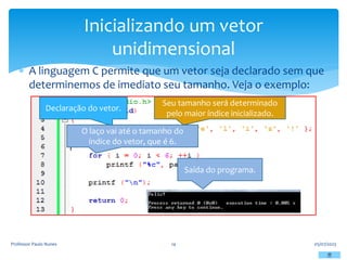  A linguagem C permite que um vetor seja declarado sem que
determinemos de imediato seu tamanho. Veja o exemplo:
05/07/2023
Professor Paulo Nunes 14
Inicializando um vetor
unidimensional
Declaração do vetor.
Seu tamanho será determinado
pelo maior índice inicializado.
O laço vai até o tamanho do
índice do vetor, que é 6.
Saída do programa.
 