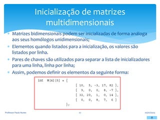  Matrizes bidimensionais podem ser inicializadas de forma análoga
aos seus homólogos unidimensionais;
 Elementos quando listados para a inicialização, os valores são
listados por linha.
 Pares de chaves são utilizados para separar a lista de inicializadores
para uma linha, linha por linha;
 Assim, podemos definir os elementos da seguinte forma:
05/07/2023
Professor Paulo Nunes 27
Inicialização de matrizes
multidimensionais
 
