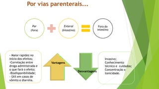 Por vias parenterais...
Vantagens
Desvantagens
- Maior rapidez no
início dos efeitos;
-Correlação entre
droga administrada e
o que fará o efeito;
-Biodisponibilidade;
- Útil em casos de
vômito e diarréia.
Invasivo;
Conhecimento
técnico e cuidados;
Concentração x
tonicidade.
Par
(fora)
Enteral
(Intestino)
Fora do
intestino
 