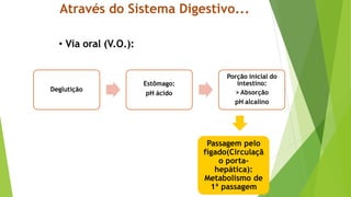 Através do Sistema Digestivo...
Passagem pelo
fígado(Circulaçã
o porta-
hepática):
Metabolismo de
1ª passagem
• Via oral (V.O.):
Deglutição
Estômago:
pH ácido
Porção inicial do
intestino:
> Absorção
pH alcalino
 