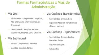 Formas Farmacêuticas x Vias de
Administração
• Via Oral
– Sólidos Orais: Comprimidos , Cápsulas,
Pós, Granulados (efervescentes, de
Chocolate)
– Líquidos Orais: Soluções, Xaropes,
Suspensões, Magmas, Géis, Emulsões
• Via Sublingual
– Sólidos: Comprimidos, Pastilhas
– Líquidos: Soluções, Sprays
• Via Cutânea Transdérmica:
– Semi-sólidos: Cremes, Géis
– Especiais: Adesivos Transdérmicos
(Discos , patches)
• Via Cutânea – Epidérmica:
– Semi-sólidas: Cremes, Loções,
Pomadas, Pastas
– Líquidas: Soluções
– Sólidas: Pós
 