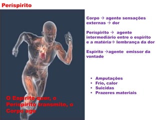Períspirito
O Espírito quer, o
Períspirito transmite, o
Corpo age
Corpo  agente sensações
externas  dor
Períspirito  agente
intermediário entre o espírito
e a matéria lembrança da dor
Espírito agente emissor da
vontade
 Amputações
 Frio, calor
 Suicidas
 Prazeres materiais
 