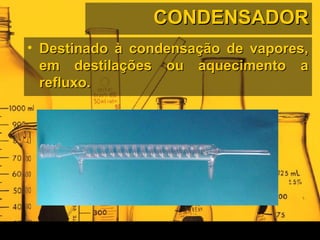 CONDENSADORCONDENSADOR
• Destinado à condensação de vapores,Destinado à condensação de vapores,
em destilações ou aquecimento aem destilações ou aquecimento a
refluxo.refluxo.
 