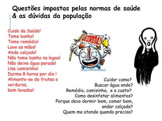 Cuide da Saúde!
Tome banho!
Tome remédio!
Lave as mãos!
Ande calçado!
Não tome banho na lagoa!
Não deixe água parada!
Use camisinha!
Durma 8 horas por dia !
Alimente-se de frutas e
verduras,
bem lavadas!
Cuidar como?
Buscar água onde?
Remédio, camisinha, e o custo?
Como desinfetar alimentos?
Porque devo dormir bem, comer bem,
andar calçado?
Quem me atende quando preciso?
Questões impostas pelas normas de saúde
& as dúvidas da população
 