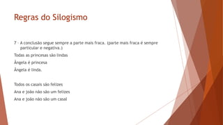 Regras do Silogismo
7 – A conclusão segue sempre a parte mais fraca. (parte mais fraca é sempre
particular e negativa.)
Todas as princesas são lindas
Ângela é princesa
Ângela é linda.
Todos os casais são felizes
Ana e joão não são um felizes
Ana e joão não são um casal
 