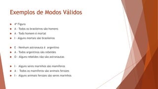 Exemplos de Modos Válidos
 4ª Figura
 A – Todos os brasileiros são homens
 A – Todo homem é mortal
 I – Alguns mortais são brasileiros
 E – Nenhum astronauta é argentino
 A – Todos argentinos são rebeldes
 O – Alguns rebeldes não são astronautas
 I – Alguns seres marinhos são mamíferos
 A – Todos os mamíferos são animais ferozes
 I - Alguns animais ferozes são seres marinhos
 
