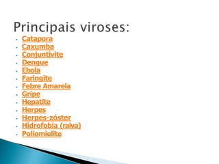 ⦁ Catapora
⦁ Caxumba
⦁ Conjuntivite
⦁ Dengue
⦁ Ebola
⦁ Faringite
⦁ Febre Amarela
⦁ Gripe
⦁ Hepatite
⦁ Herpes
⦁ Herpes-zóster
⦁ Hidrofobia (raiva)
⦁ Poliomielite
 