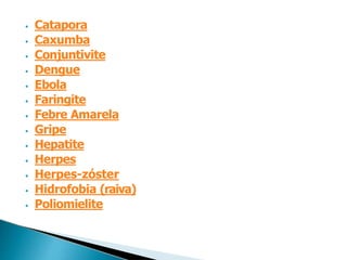 ⦁ Catapora
⦁ Caxumba
⦁ Conjuntivite
⦁ Dengue
⦁ Ebola
⦁ Faringite
⦁ Febre Amarela
⦁ Gripe
⦁ Hepatite
⦁ Herpes
⦁ Herpes-zóster
⦁ Hidrofobia (raiva)
⦁ Poliomielite
 