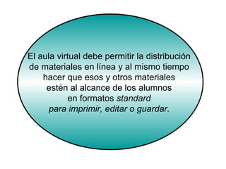 El aula virtual debe permitir la distribución  de materiales en línea y al mismo tiempo  hacer que esos y otros materiales  estén al alcance de los alumnos  en formatos  standard  para imprimir, editar o guardar.  