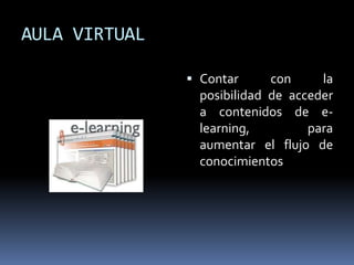 AULA VIRTUAL Contar con la posibilidad de acceder a contenidos de e-learning, para aumentar el flujo de conocimientos