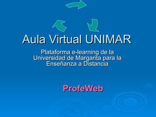 Aula Virtual UNIMAR
   Plataforma e-learning de la
 Universidad de Margarita para la
     Enseñanza a Distancia



           ProfeWeb
 