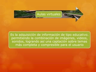 Aulas virtuales




Es la adquisición de información de tipo educativo.
permitiendo la combinación de imágenes, videos,
 sonidos, logrando así una captación sobre temas
    más completa y compresible para el usuario
 