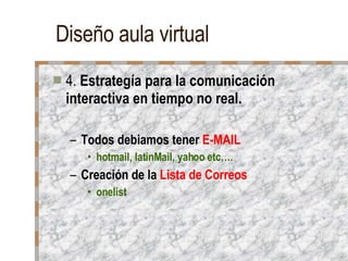 Diseño aula virtual 4.  Estrategía para la comunicación interactiva en tiempo no real. Todos debiamos tener  E-MAIL hotmail, latinMail, yahoo etc…. Creación de la  Lista de Correos onelist 