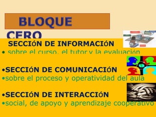 SECCI Ó N DE INFORMACI Ó N sobre el curso, el tutor   y la evaluaci ó n SECCI Ó N DE COMUNICACI Ó N   sobre el proceso y operatividad del aula SECCI Ó N DE INTERACCI Ó N   social, de apoyo y aprendizaje cooperativo 