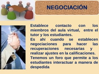 Establece contacto con los miembros del aula virtual,  entre el tutor y los estudiantes. Es ah í  cuando se establecen negociaciones para hacer las recuperaciones necesarias y  realizar ajustes en la calificaciones. Tenemos un foro que permite a los estudiantes interactuar a manera de despedida 