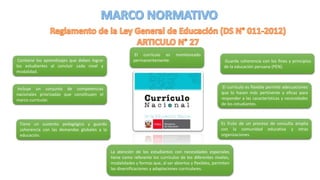 Guarda coherencia con los fines y principios
de la educación peruana (PEN).
Contiene los aprendizajes que deben lograr
los estudiantes al concluir cada nivel y
modalidad.
Incluye un conjunto de competencias
nacionales priorizadas que constituyen el
marco curricular.
Tiene un sustento pedagógico y guarda
coherencia con las demandas globales a la
educación.
El currículo es flexible permite adecuaciones
que lo hacen más pertinente y eficaz para
responder a las características y necesidades
de los estudiantes.
Es fruto de un proceso de consulta amplia
con la comunidad educativa y otras
organizaciones.
El currículo es monitoreado
permanentemente.
La atención de los estudiantes con necesidades especiales
tiene como referente los currículos de los diferentes niveles,
modalidades y formas que, al ser abiertos y flexibles, permiten
las diversificaciones y adaptaciones curriculares.
 